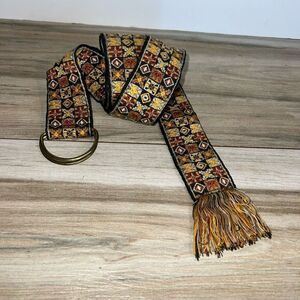 Vintage Kim Craftsman Woven Belt Women’s One Size Black Gold Fringed Boho Gypsy